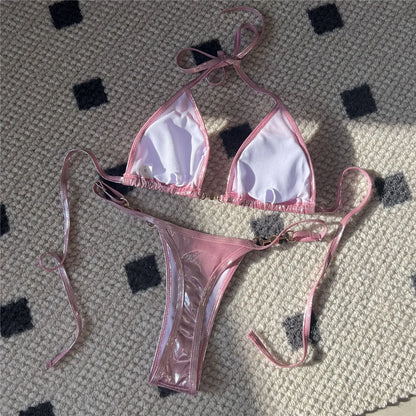 PU Faux Leather Halter Thong Bikini Set Women Two Piece Swimsuit Y2K Festival Swimwear