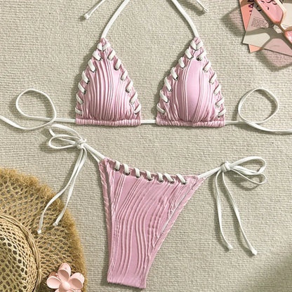 Sexy Ribbed String Bikini Set – Women’s Triangle Tie Side Swimsuit, Minimalist Beach Swimwear for Summer Vacation