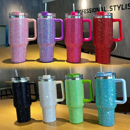 40oz Rhinestone Tumbler with Handle Insulated Thermos Cup Sparkling Travel Mug