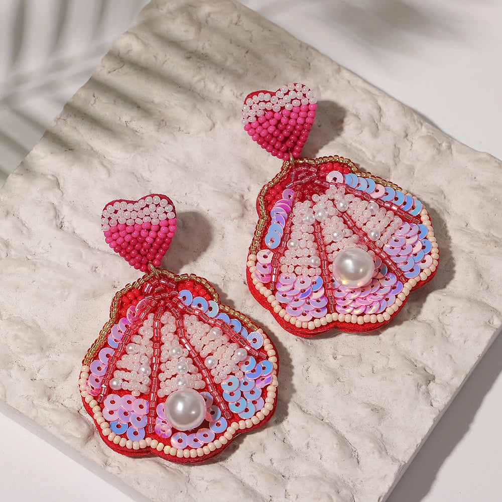 Boho Beach Statement Earrings – Handmade Beaded Starfish Seahorse Shell Drop Earrings for Women