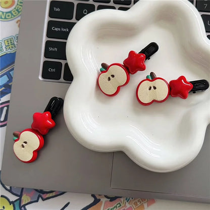 2Pcs/Lot Cute Apple Star Hair Clips – Kawaii Cartoon Snap Barrettes for Girls & Women