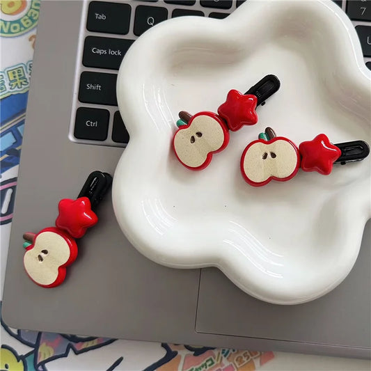 2Pcs/Lot Cute Apple Star Hair Clips – Kawaii Cartoon Snap Barrettes for Girls & Women