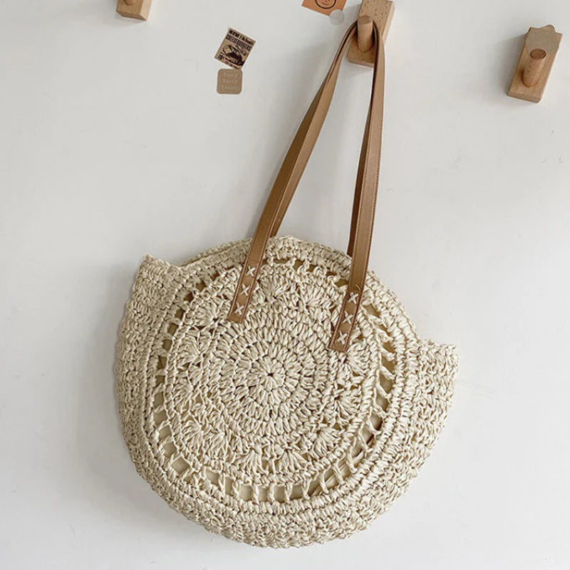 Boho Round Straw Tote Bag – Handmade Crochet Shoulder Beach Bag for Women