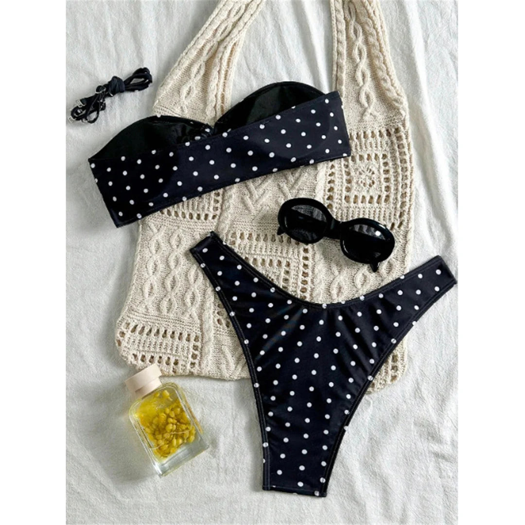 Polka Dot Bandeau Brazilian Bikini Set Women Two Piece Swimsuit Retro Summer Swimwear