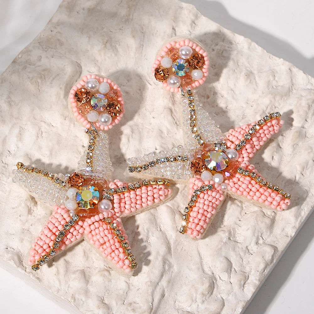 Boho Beach Statement Earrings – Handmade Beaded Starfish Seahorse Shell Drop Earrings for Women