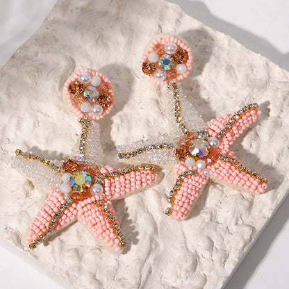 Boho Beach Statement Earrings – Handmade Beaded Starfish Seahorse Shell Drop Earrings for Women