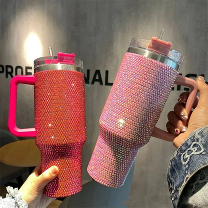 40oz Rhinestone Tumbler with Handle Insulated Thermos Cup Sparkling Travel Mug