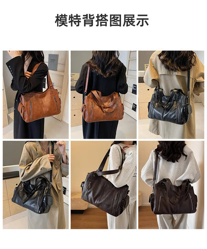 Vintage Leather Tote Shoulder Bag – Large Capacity Crossbody Handbag for Women