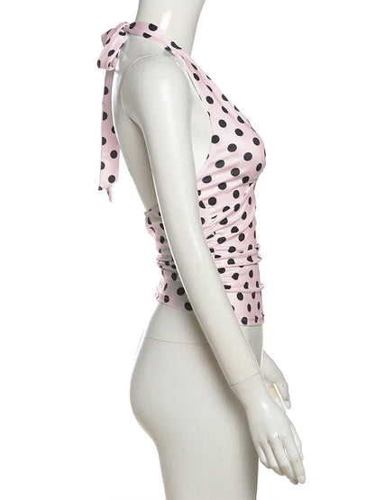 Polka Dots Tank Tops Women Sexy Low-Neck Off Shoulders Backless Street Fashion Versatile Style Ruched Elegant Outfits