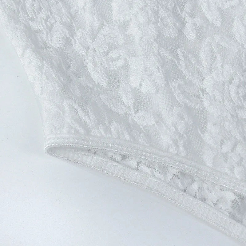 Womens Summer Solid Color Lace Embroidery Floral See-Through V Backless Onesie Elegant Bodysuits Night Club Party Leotards Tops