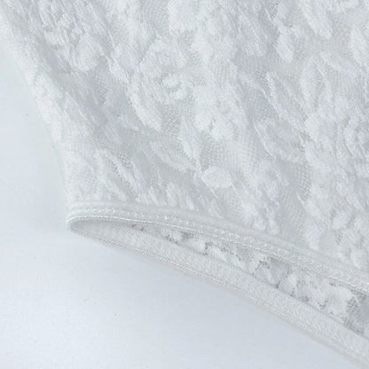 Womens Summer Solid Color Lace Embroidery Floral See-Through V Backless Onesie Elegant Bodysuits Night Club Party Leotards Tops