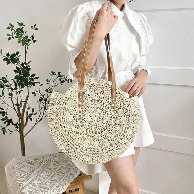 Boho Round Straw Tote Bag – Handmade Crochet Shoulder Beach Bag for Women