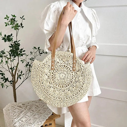 Boho Round Straw Tote Bag – Handmade Crochet Shoulder Beach Bag for Women