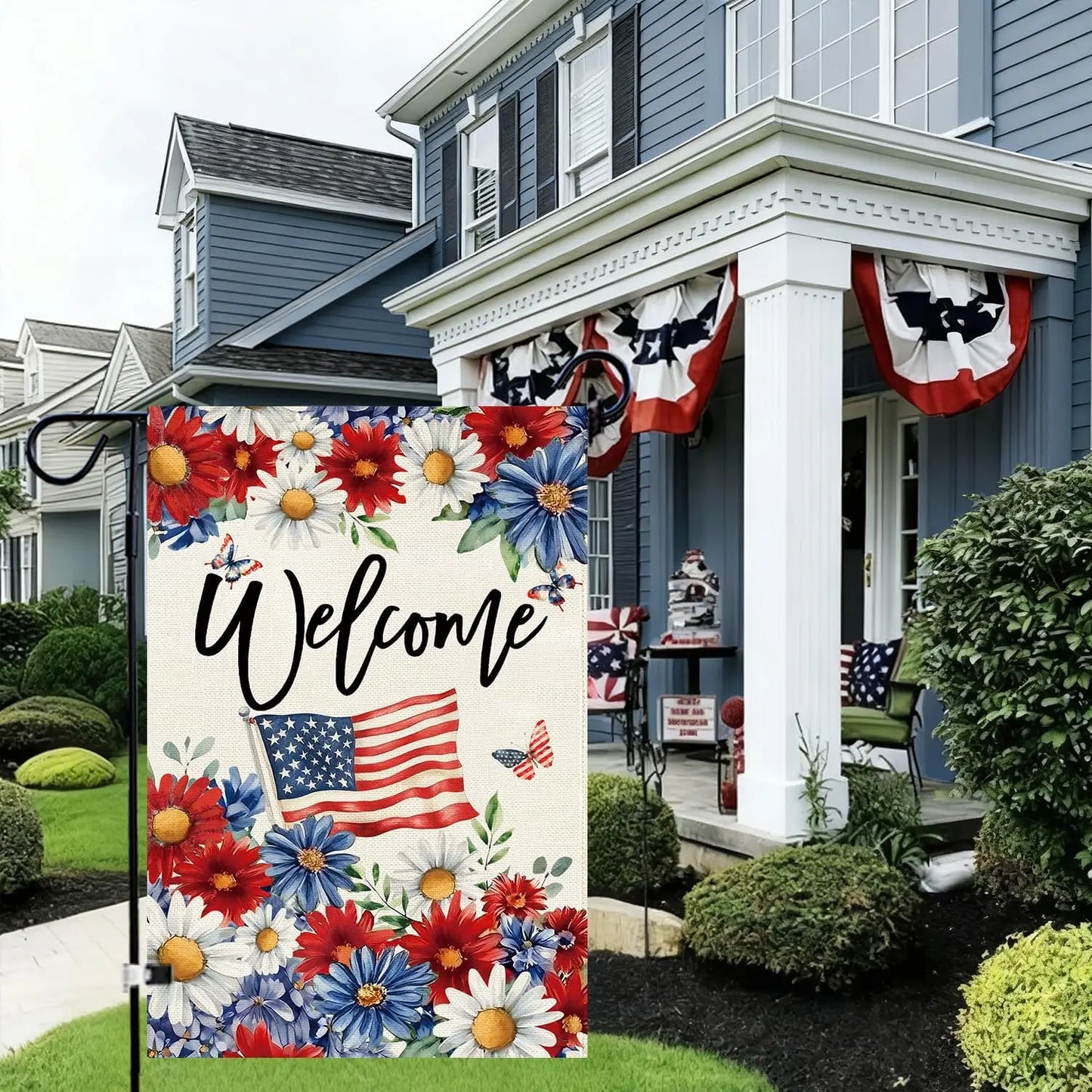 Patriotic Daisy Garden Flag Double Sided Burlap,4th of July Memorial Day Red and Blue Flower Welcom
