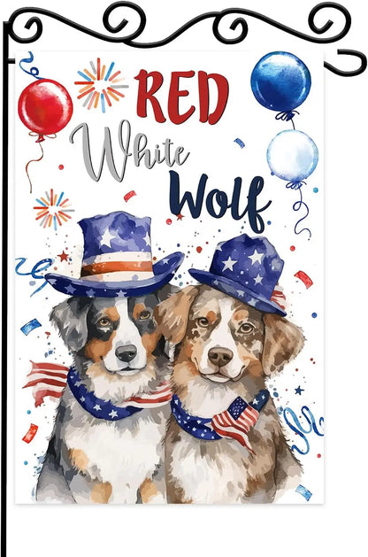 Red White Wolf Garden Flag,4th of July Dog Welcome Door Sign,Welcome Patriotic Memorial Day Independence Day