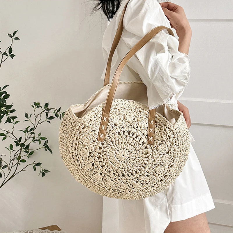 Boho Round Straw Tote Bag – Handmade Crochet Shoulder Beach Bag for Women