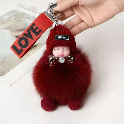 Cute Sleeping Baby Keychain – Fluffy Pom Pom Doll Bag Charm
