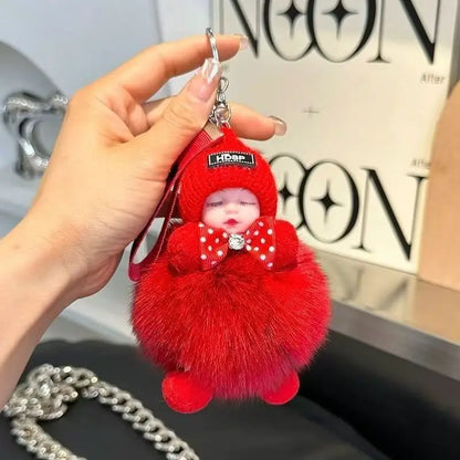 Cute Sleeping Baby Keychain – Fluffy Pom Pom Doll Bag Charm