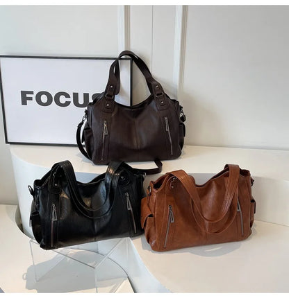 Vintage Leather Tote Shoulder Bag – Large Capacity Crossbody Handbag for Women