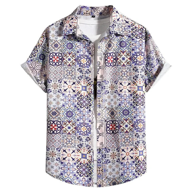 Retro Floral Hawaiian Shirt Men 3D Print Summer Beach Button Down Top