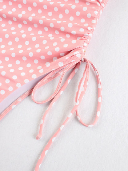 Pink Polka Dot High Cut Bikini Set Women Retro Ruched Swimwear Beach Outfit