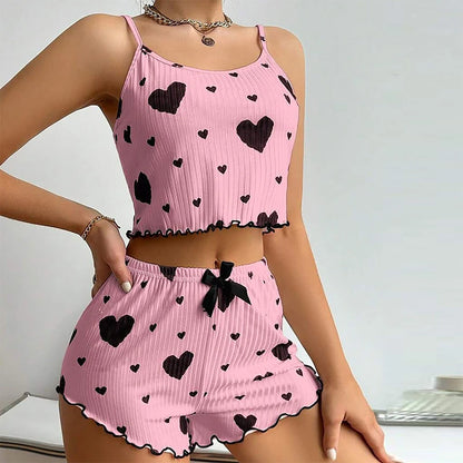 Cute Heart Print Pajama Romper – Women’s Sleeveless Summer Lounge Wear