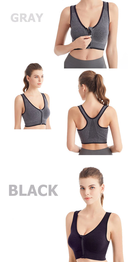 Women’s Front Zip Sports Bra – High Support Seamless Workout Bra for Yoga, Running & Fitness