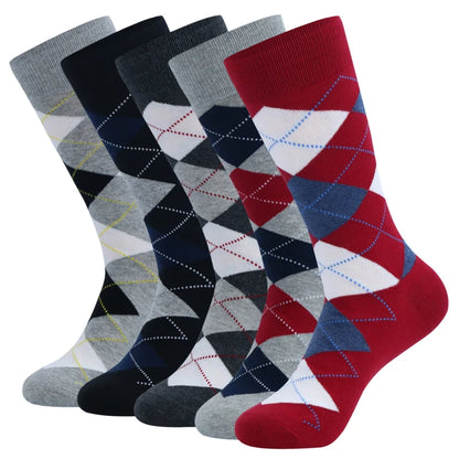 5 Pairs Men’s Dress Crew Socks Set – Classic Patterned Business Casual Socks
