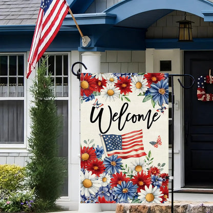 Patriotic Daisy Garden Flag Double Sided Burlap,4th of July Memorial Day Red and Blue Flower Welcom
