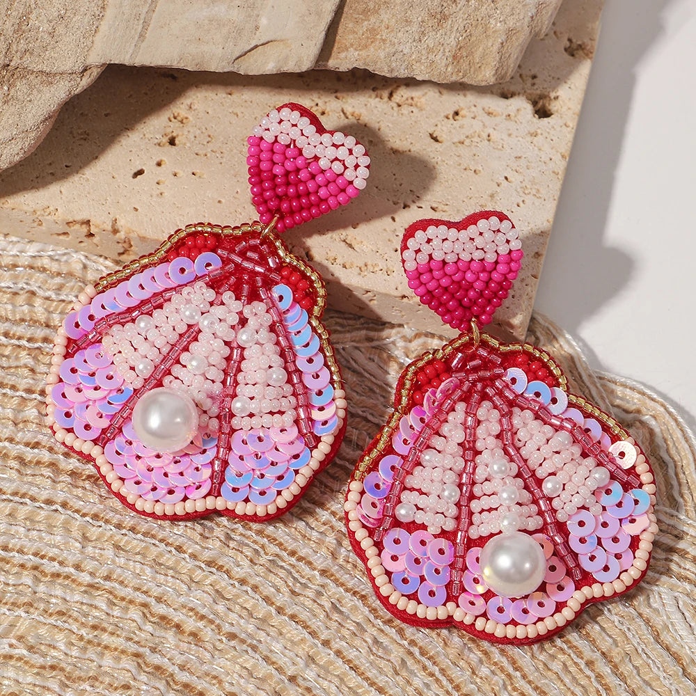 Boho Beach Statement Earrings – Handmade Beaded Starfish Seahorse Shell Drop Earrings for Women