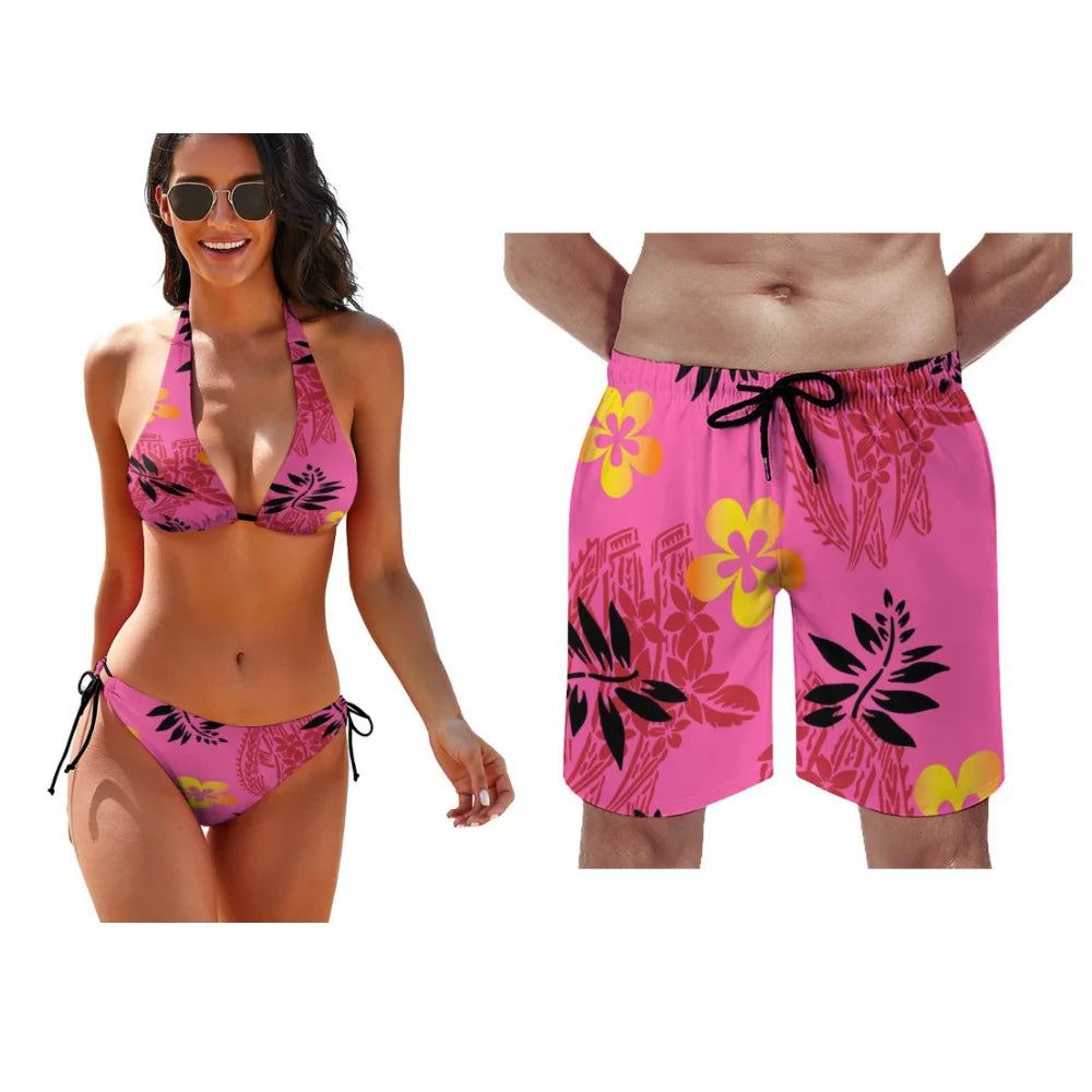 Matching Couple Hawaiian Swimwear Set – Tropical Bikini & Men’s Beach Shorts