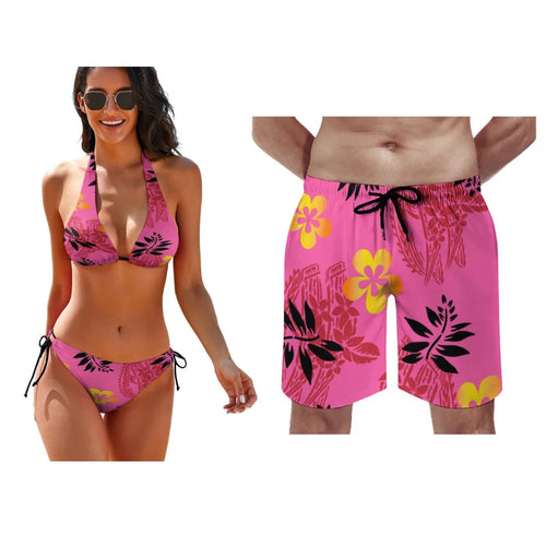 Matching Couple Hawaiian Swimwear Set – Tropical Bikini & Men’s Beach Shorts
