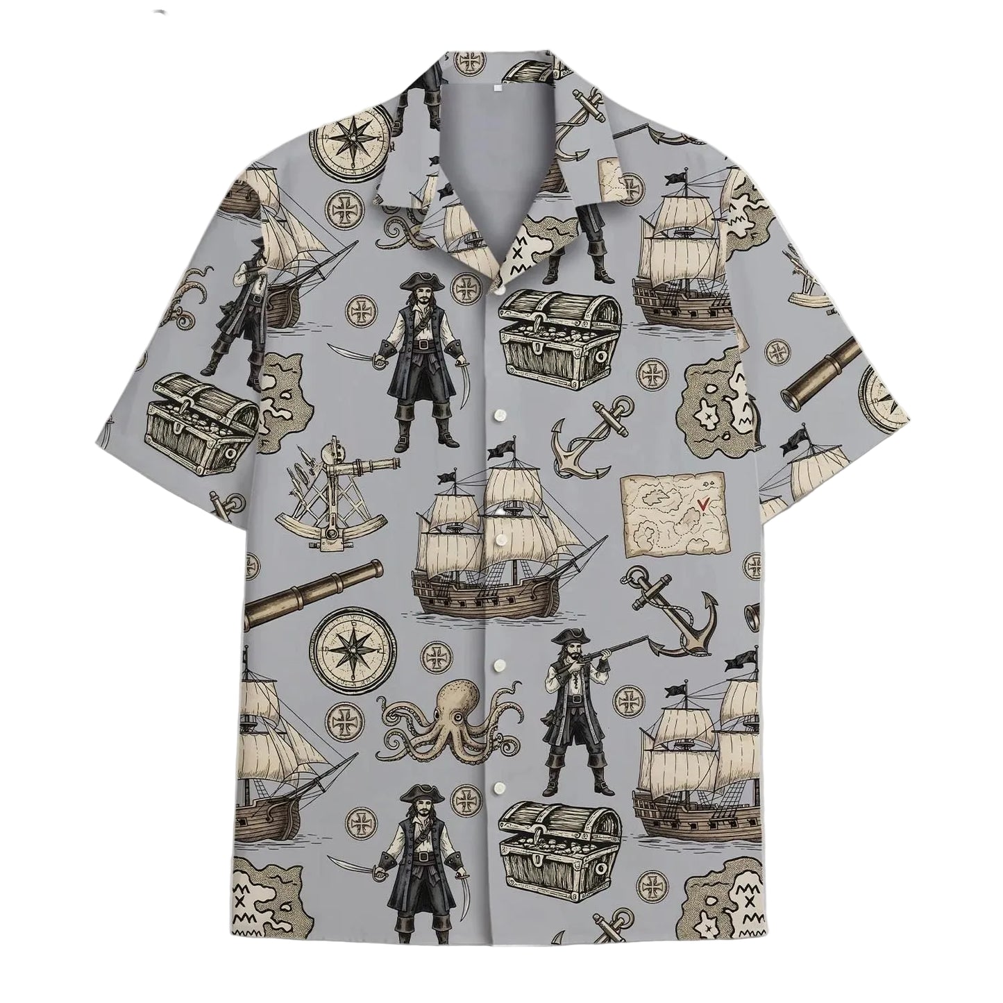 Skeleton Pirate Captain Hawaiian Shirt Cartoon Summer Beach Button Up