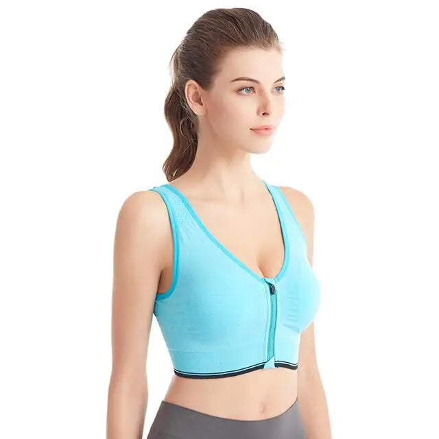 Women’s Front Zip Sports Bra – High Support Seamless Workout Bra for Yoga, Running & Fitness