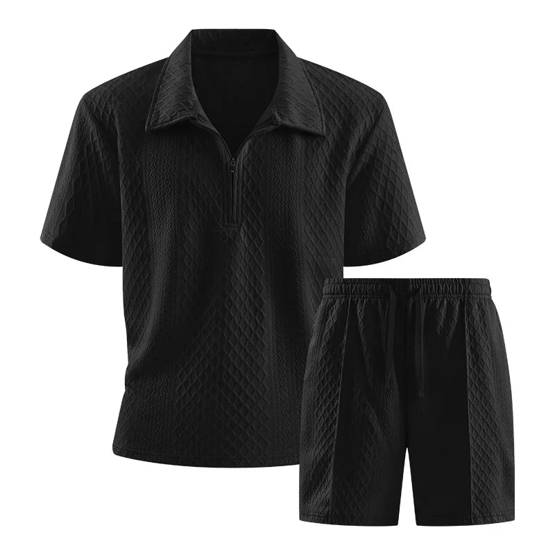 Men’s Luxury Textured Tracksuit Set – Short Sleeve Polo & Shorts Outfit