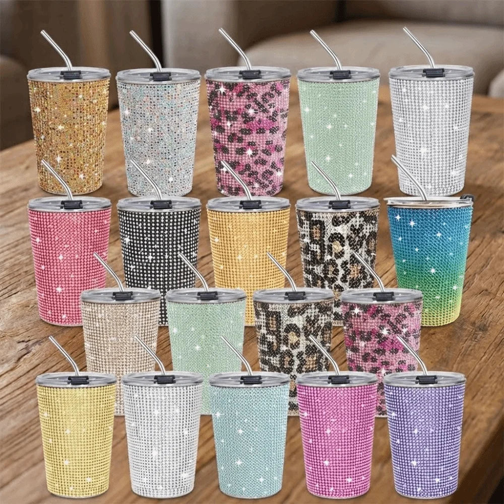 500ml Rhinestone Stainless Steel Water Bottle with Straw Luxury Sparkling Cup