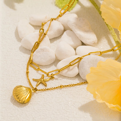 Gold Layered Seashell & Starfish Pendant Necklace