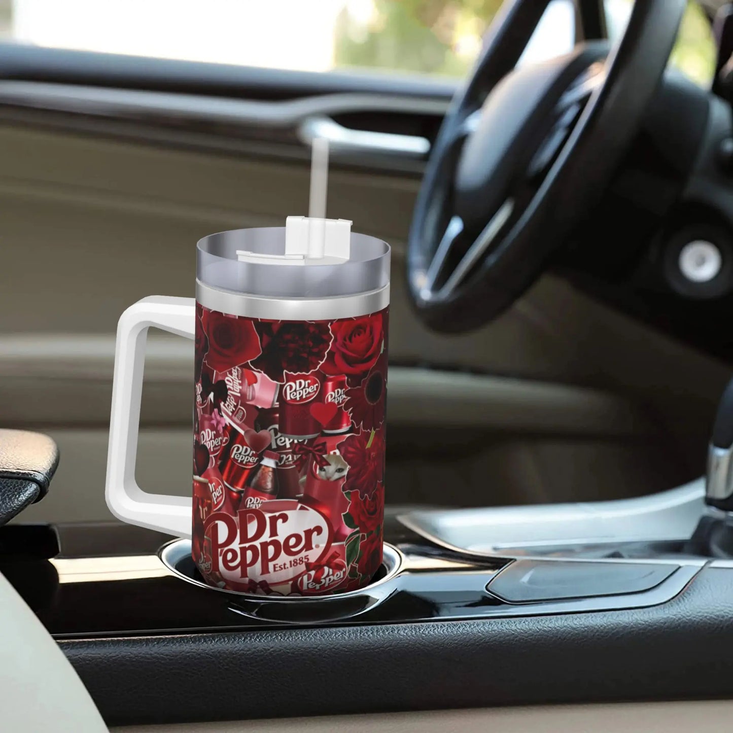 Dr Pepper Rose Tumbler – 40oz Insulated Stainless Steel Travel Mug with Handle