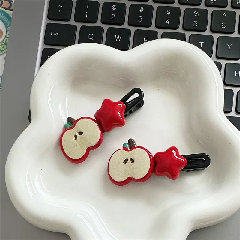 2Pcs/Lot Cute Apple Star Hair Clips – Kawaii Cartoon Snap Barrettes for Girls & Women