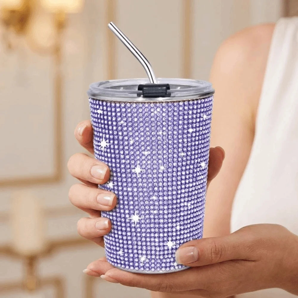 500ml Rhinestone Stainless Steel Water Bottle with Straw Luxury Sparkling Cup