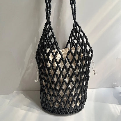 Woven Net Tote Bag with Wooden Beads | Summer Boho Beach Handbag