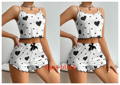 Cute Heart Print Pajama Romper – Women’s Sleeveless Summer Lounge Wear