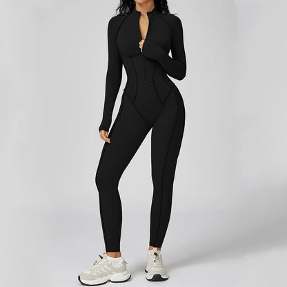 Chocolate Brown Sculpting Zip-Front Long Sleeve Jumpsuit