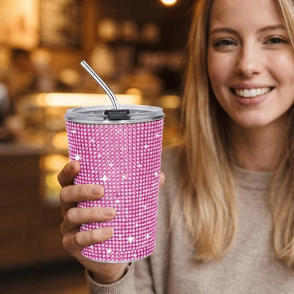 500ml Rhinestone Stainless Steel Water Bottle with Straw Luxury Sparkling Cup