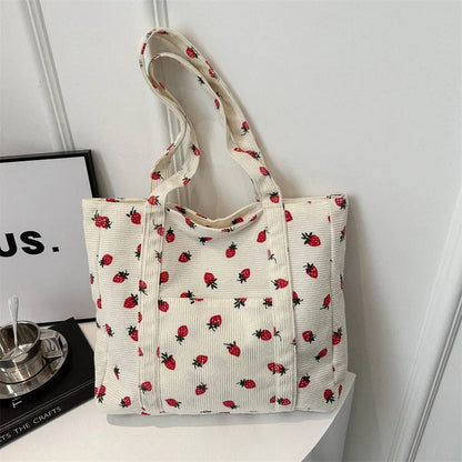 Cherry Print Canvas Tote Bag – Cute Aesthetic Shoulder Handbag for Women