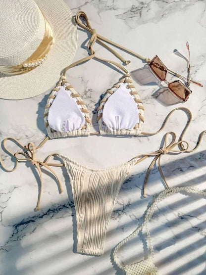 Sexy Ribbed String Bikini Set – Women’s Triangle Tie Side Swimsuit, Minimalist Beach Swimwear for Summer Vacation
