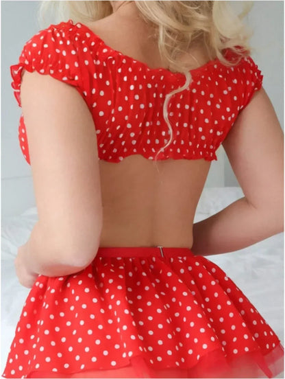 Cute Polka Dot Lingerie Set – Off Shoulder Babydoll Sleepwear for Women