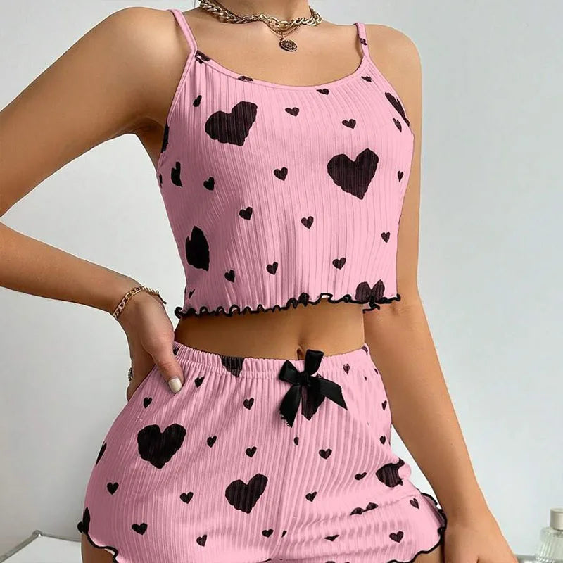 Cute Heart Print Pajama Romper – Women’s Sleeveless Summer Lounge Wear