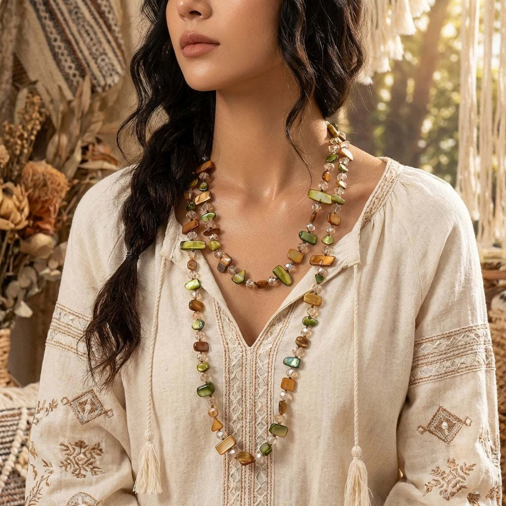 Bohemian Colorful Irregular Shell Beaded Necklace Long Sweater Chain Accessory Vintage Style Women's Holiday Fashion Jewelry