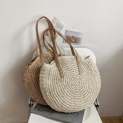 Boho Round Straw Tote Bag – Handmade Crochet Shoulder Beach Bag for Women